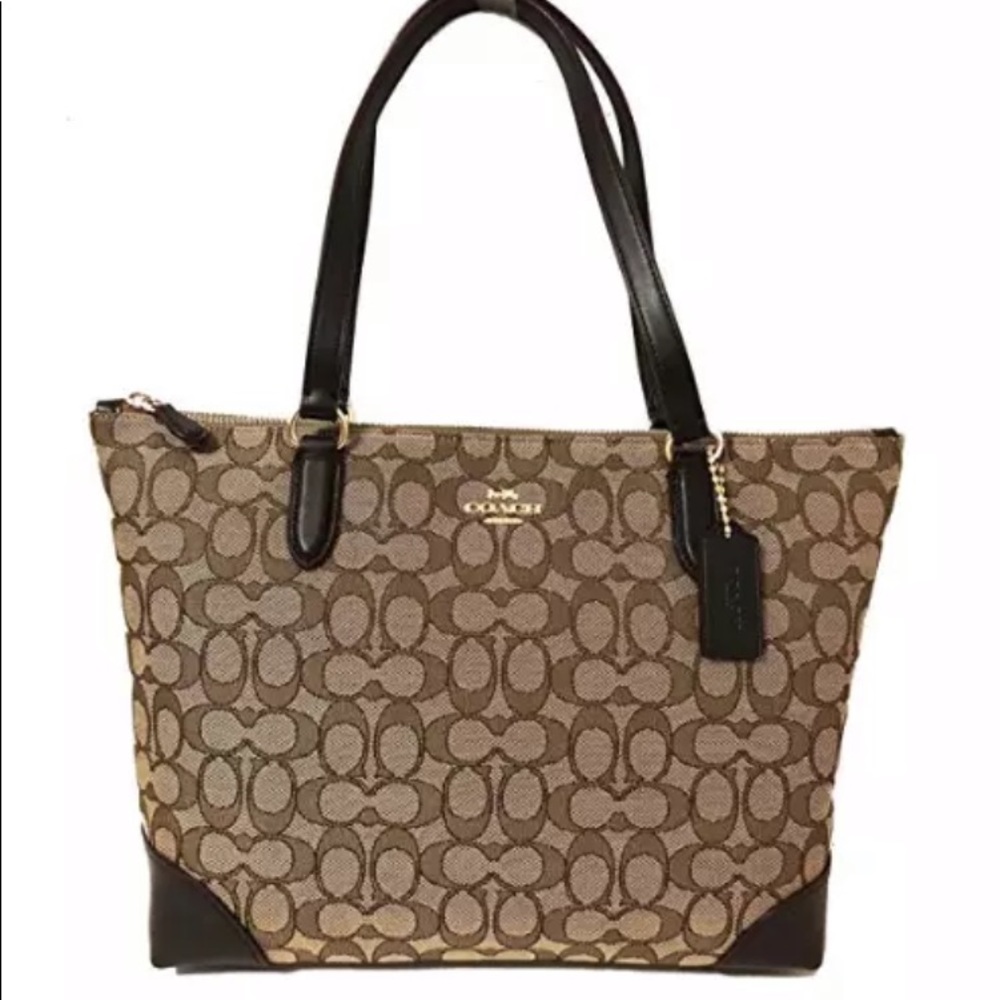 NWT COACH zip top totes signature khaki Jacquard